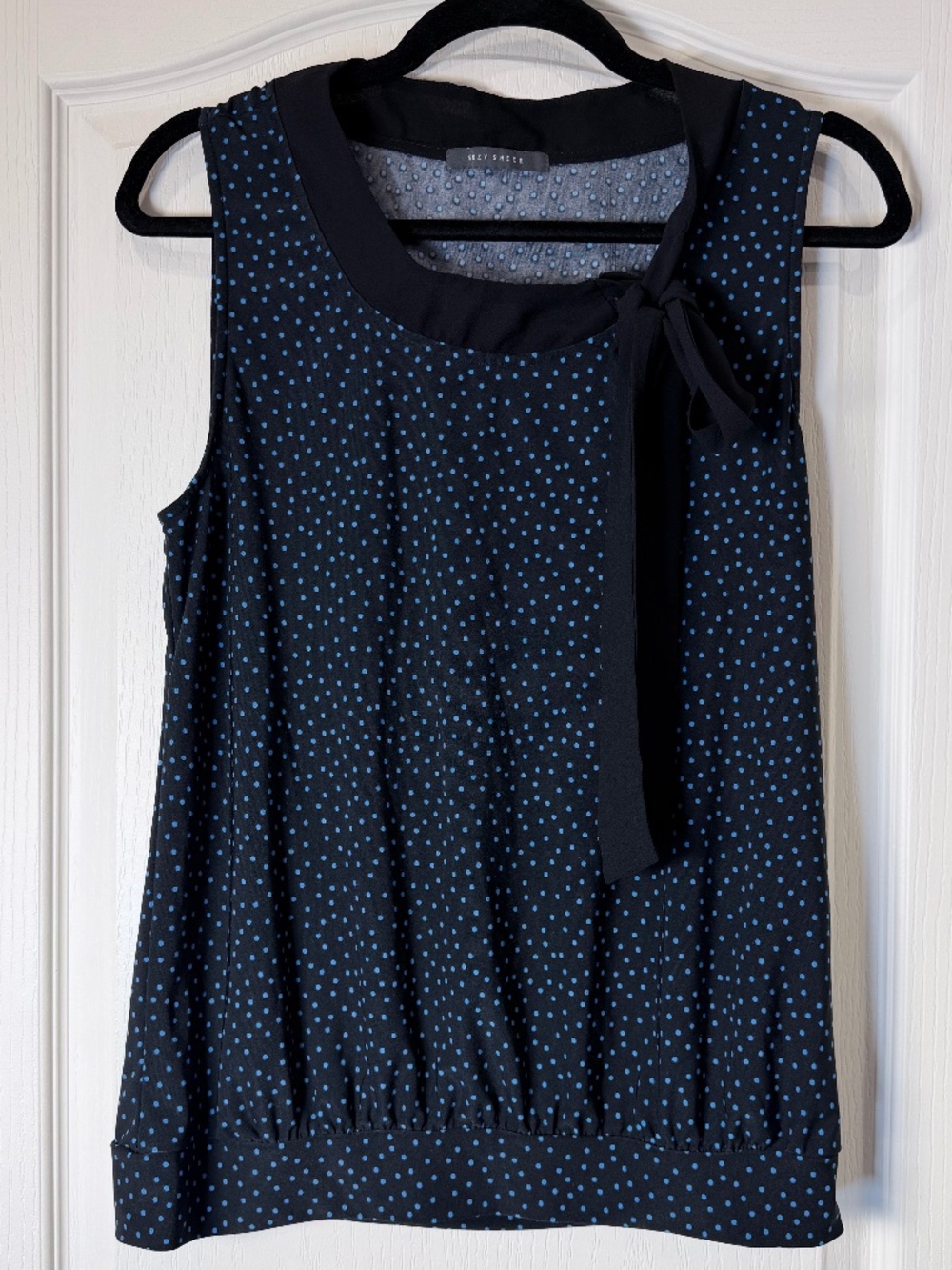 Black & Blue Polka Dot Sleeveless Bow Neck Blouse Top Size M Retro Style Office